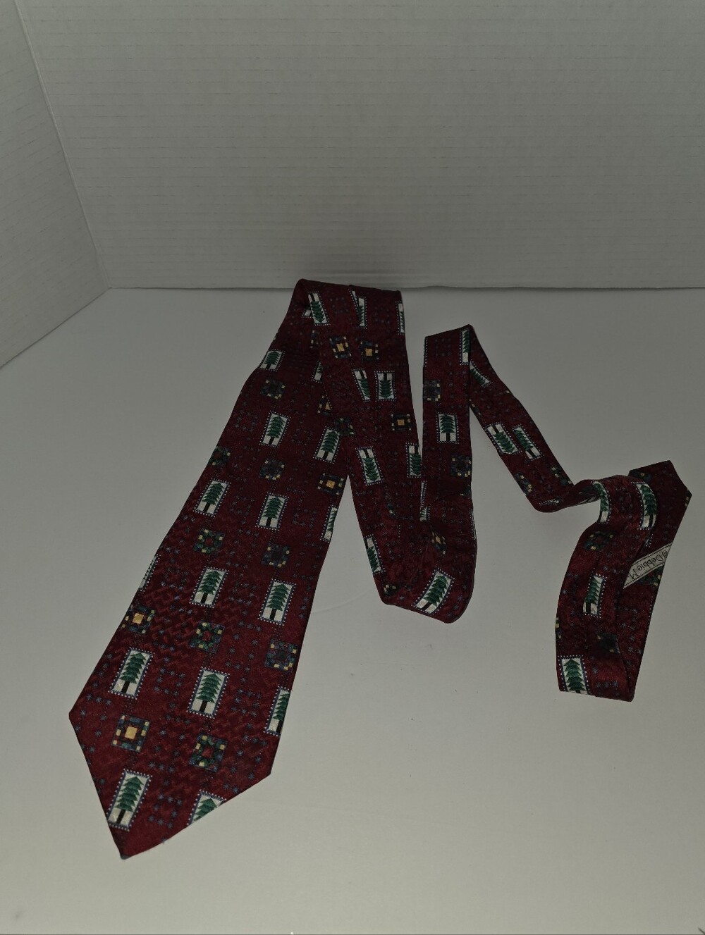 Noel Necktie Evergreen Trees and Geometric Square Pattern Red 100% Silk Tie